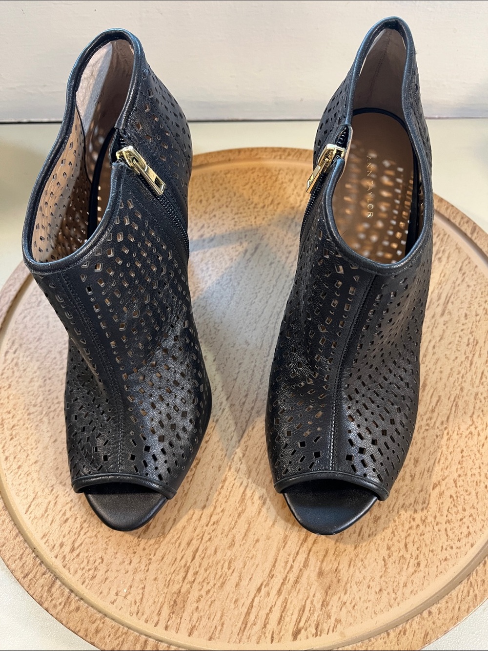 Ann Taylor Black Perforated Peep-Toe Ankle Booties with Gold Zippers